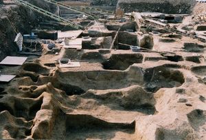 교토시 내의 발굴 조사. 깎임 관계를 수반하는 다양한 연대의 유구가 무수히 파여 있다.