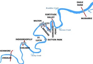 입스위치에서 모턴만까지 브리즈번강 하류의 흐름.