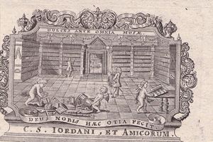 서재・도서관의 실내 양식의 장서표. 천사가 서고를 정리하고 있다 (1724년 제작)