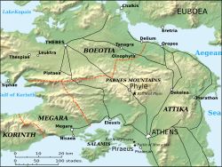코린토스, 메가라와 그 외항 니사이아, 아테네의 위치 관계.