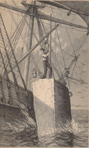 향유고래의 잘린 머리에서 경랍을 퍼내는 포경선원 (1874년 삽화).