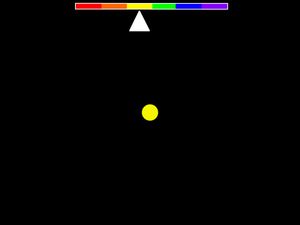 도플러 효과에 의한 적색편이와 청색편이. 노란색(약 575 nm 파장) 공이 관찰자에게 접근하면서 녹색(청색 이동으로 약 565 nm 파장)으로 보이고, 지나가면서 주황색(적색 이동으로 약 585 nm 파장)으로 바뀌며, 움직임이 멈추면 다시 노란색으로 돌아온다. 이러한 색상 변화를 관찰하려면, 물체가 약 5,200 km/s 또는 가장 빠른 우주 탐사선의 속도 기록보다 약 32배 빠른 속도로 이동해야 한다.