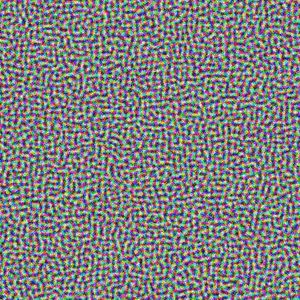 빠른 냉각 스케줄 결과. 이미지의 픽셀을 재배열하여 특정 포텐셜 에너지 함수를 최소화하는 문제에서, 빠른 냉각은 비정질 고체와 유사한 결과를 생성한다.