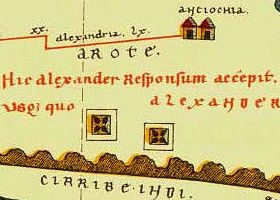 북동부의 텍스트 - "여기서 알렉산더가 신탁을 받았다: 여기는 땅의 끝이다, 알렉산더" 。 오른쪽 상단의 도시 Antiochia 는 셀레우코스 왕조 시대의 안티오키아 마르기아나(Antiochia Margiana), 투르크메니스탄의 메르브로 여겨짐 (세그먼트 12)