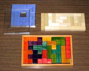 펜토미노 종류. 위 왼쪽: 평면. 플라스틱제. 일본산. 2×2 조각을 더하여 8×8 크기의 상자로 판매되는 것. 위 오른쪽: 입체. 백목제. 일본산. 아래: 입체. 나무. 중국산.