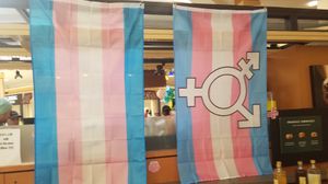 두 개의 트랜스젠더 플래그를 게양하고 트랜스젠더 인식의 날을 기념하는 스타벅스