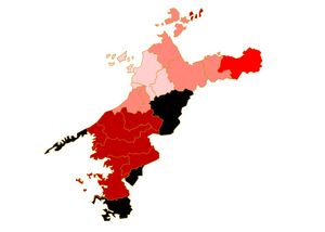 에히메현 시정촌 인구 증감률 분포도(2016년도와 2021년도 에히메현 통계에서 산출)