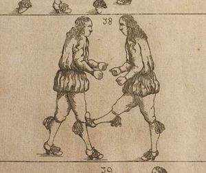 바로크 시대의 린겐 논문(요한 게오르크 파센 1659)에 묘사된 무릎을 향한 발차기