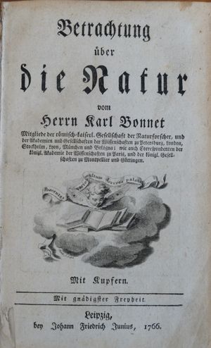 요한 다니엘 티티우스(Johann Daniel Titius)가 번역한 1766년판 독일어 자연에 대한 성찰 또는 Betrachtung über die Natur의 첫 페이지