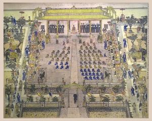 1912년, 태화전(太和殿)에서 프랑스 외교관들을 맞이하는 황제 주이떤