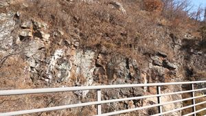 죽곡산 남서쪽 낙동강 자전거길의 노두. 남동쪽으로 약간 기울어 있다. (왜관도폭)대구광역시 달성군 다사읍 매곡리 산 1320