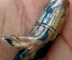 거친 마모와 비대칭의 자켓 손상은 이 회수된 총알이 딱딱하고 입자적인 표면에서 도탄되었을 때 발생했다.