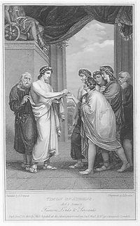 제1막 2장에서, 너그러운 타이몬 (R. Rhodes의 판화, 1802년)