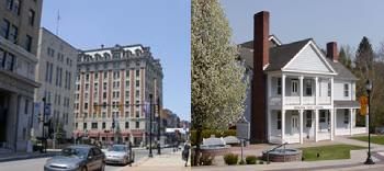 클락스버그의 메인 스트리트(왼쪽), 브리지포트의 베네덤 시민회관