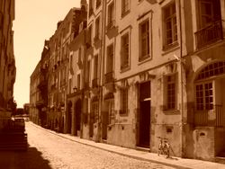 페이드로 섬(Île Feydeau)의 노예선 번영으로 건설된 건물은 기둥 위에 세워져 벽이 휘어져 있다.