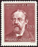 보헤미아-모라비아 보호령에서 발행된 스메타나가 그려진 우표(1944년).「대독일국」이라는 국호가 사용되고 있다.