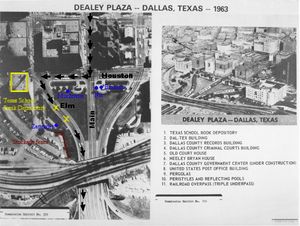 케네디 대통령의 자동차 행렬 경로를 묘사하는 딜리 프라자의 조감도.