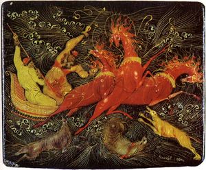 늑대와 함께 있는 트로이카. 팔레흐 미니어처