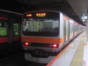 게이요선의 도쿄역 승강장에 정차한 무사시노선 열차(2024년 1월 5일 도쿄역)